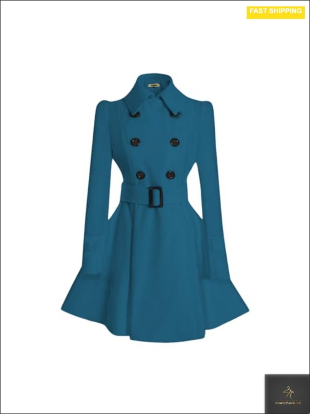 Women Double Breasted Wool Pea Coat with Belt, Long Sleeve Flared